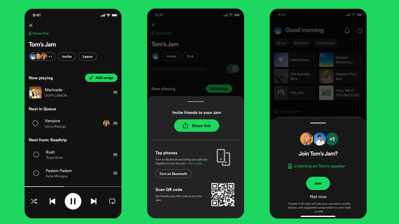 Spotify start a Jam features on three phone screens