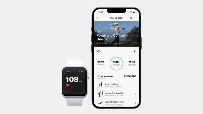 Tonal app showing excercise plans on iPhone and pulse rate on Apple Watch