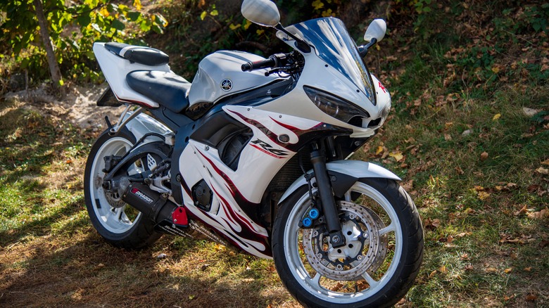 white and black Yamaha YZF-R6 parked on grass