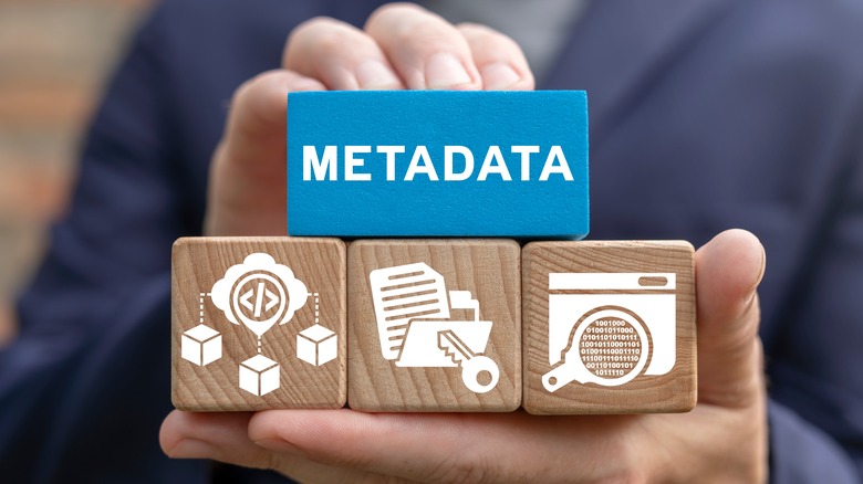 person holding blue block metadata icons