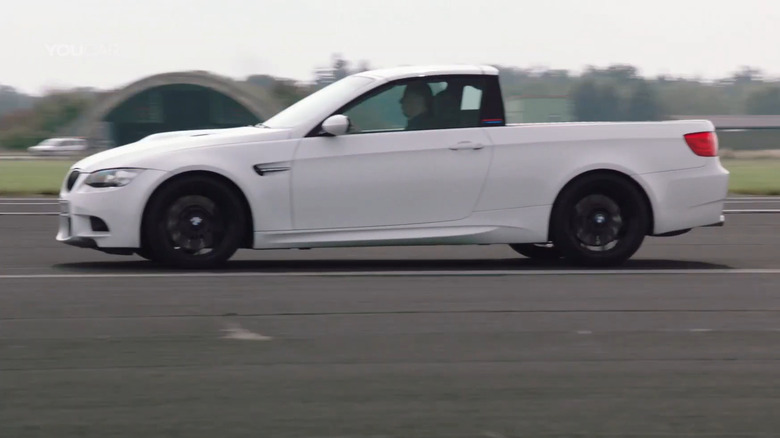 White BMW M3 pickup prototype on track