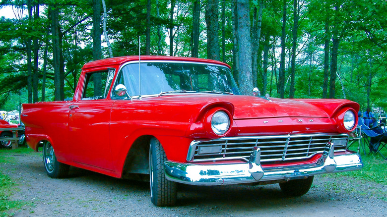 Red ford ranchero in the woods