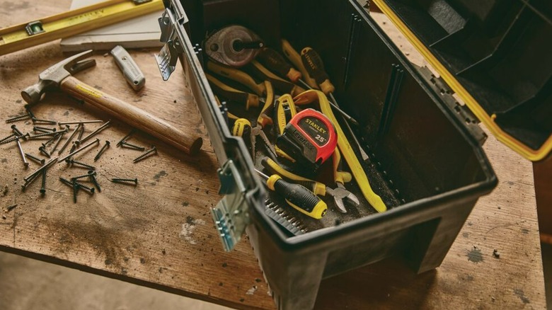 toolbox of Stanley tools on jobsite