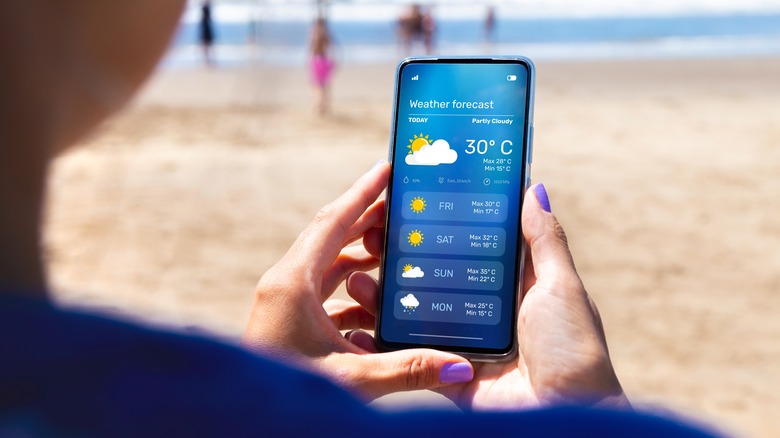 Looking at weather on a smartphone