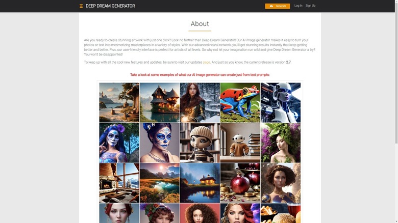 Screenshot of Deep Dream Generator AI webpage