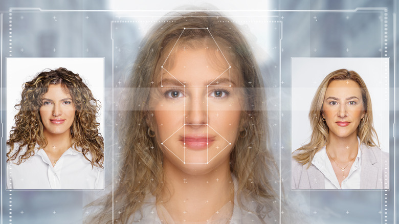 A stylized representation of face-swapping technology featuring two women