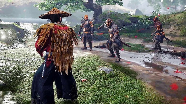 Jin fighting several enemies in Ghost of Tsushima
