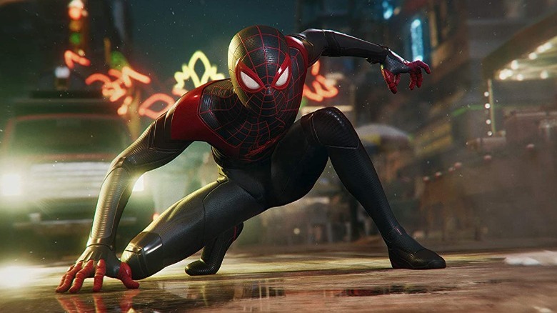 Miles Morales as Spider-Man crouching on the floor