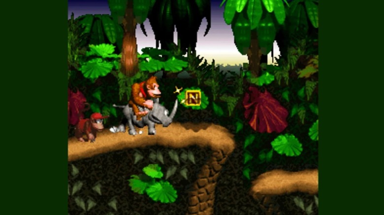 Donkey Kong riding Rambi through the jungle