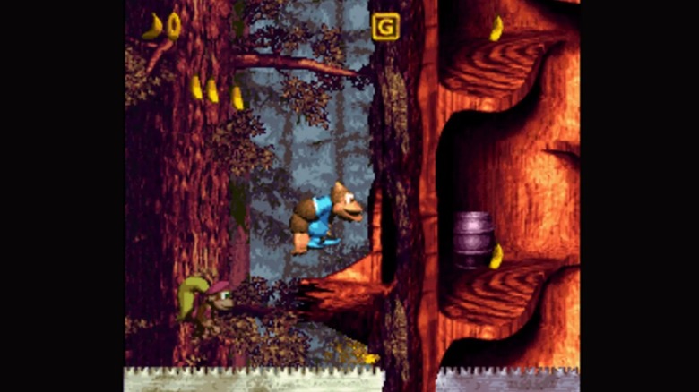 Kiddy and Dixie Kongs climbing a redwood forest as a saw chases them upward
