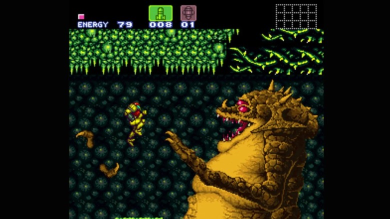 Samus fighting the giant alien monster Kraid