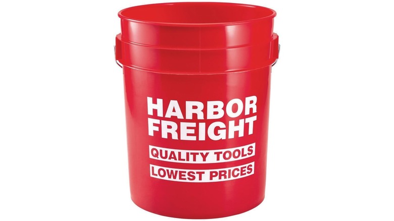 Red bucket with the Harbor Freight logo printed on the side