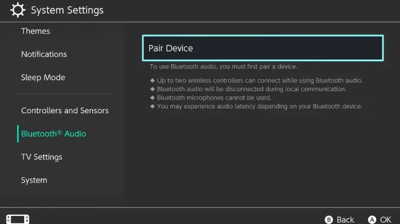 Bluetooth settings in the Nintendo Switch