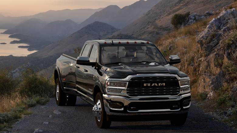 A 2019 Dodge Ram 2500 dually on a mountain road