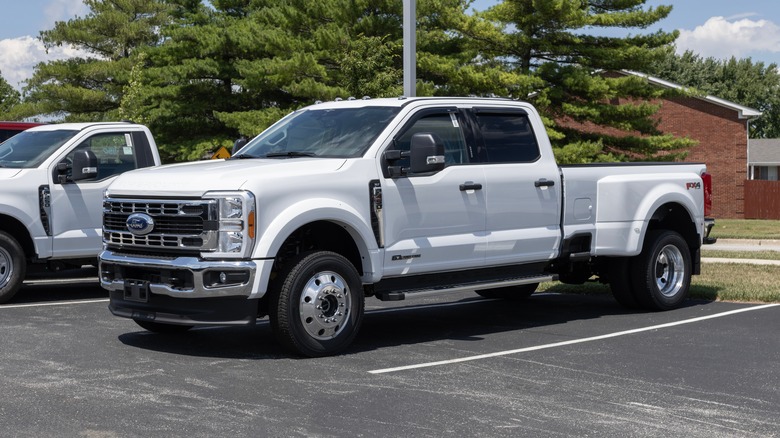 A white 2024 Ford F-450 parked in a parking lot