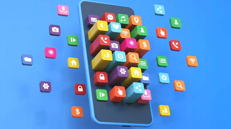 3D render of app icons emerging from phone screen