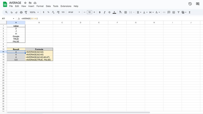 average formula google sheets