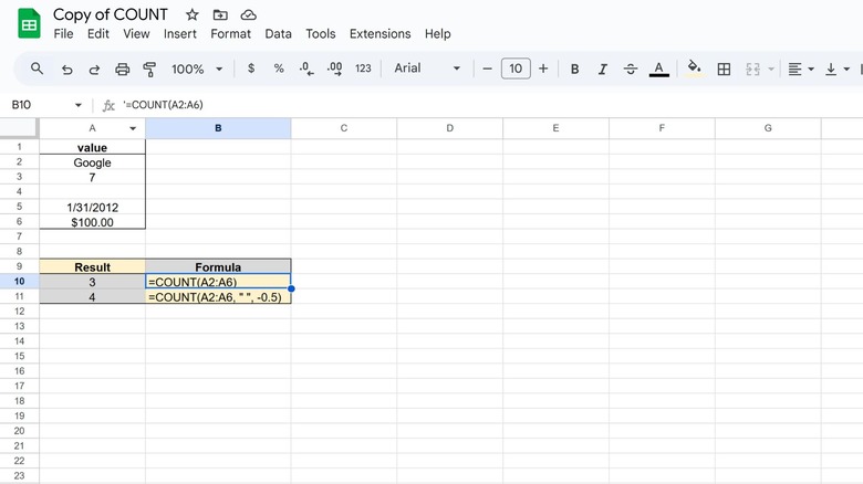 count formula google sheets