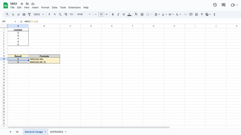 max formula google sheets