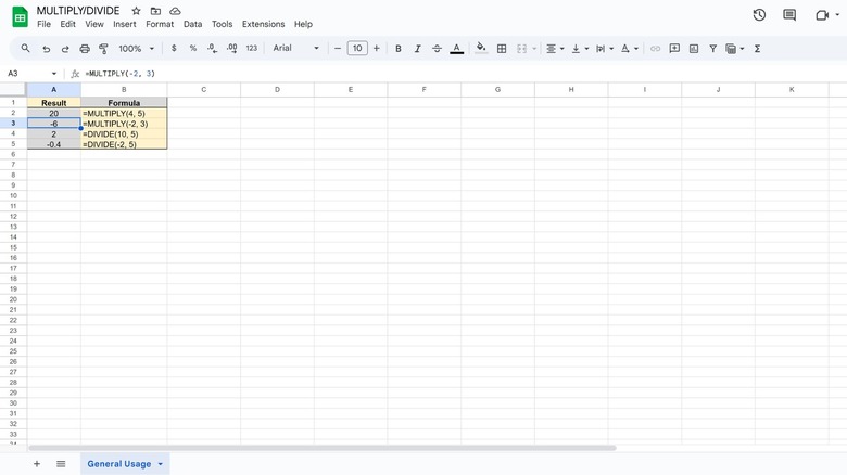 multiply and divide in google sheets