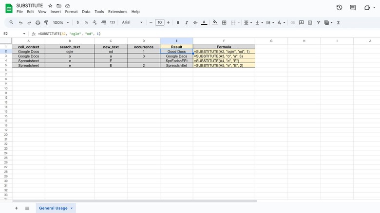 substitute formula google sheets