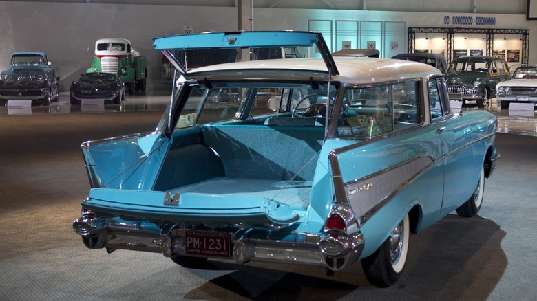 blue1957 Chevy Nomad wagon with tailgate open