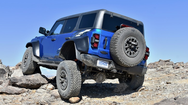 2022 Ford Bronco Raptor rear three quarter view.