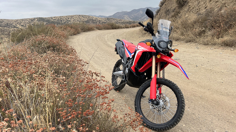 2023 Honda CRF300L Rally parked on dirt road