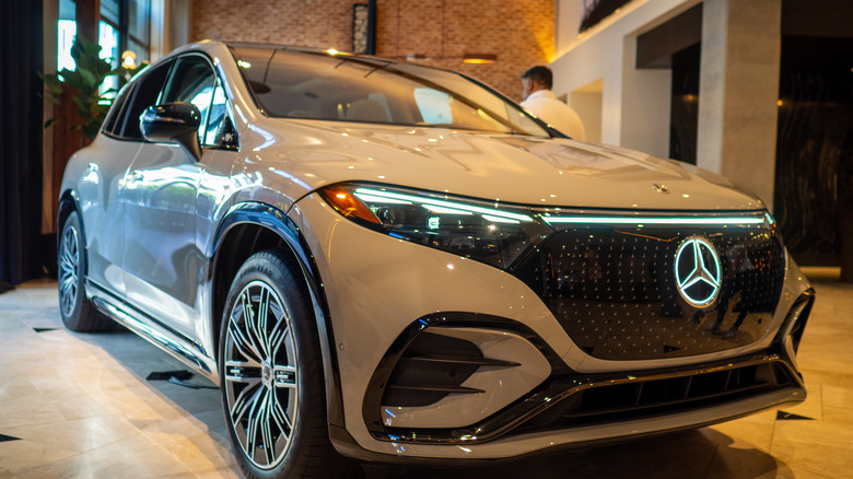 2023 Mercedes-EQ EQS SUV parked in a hotel lobby