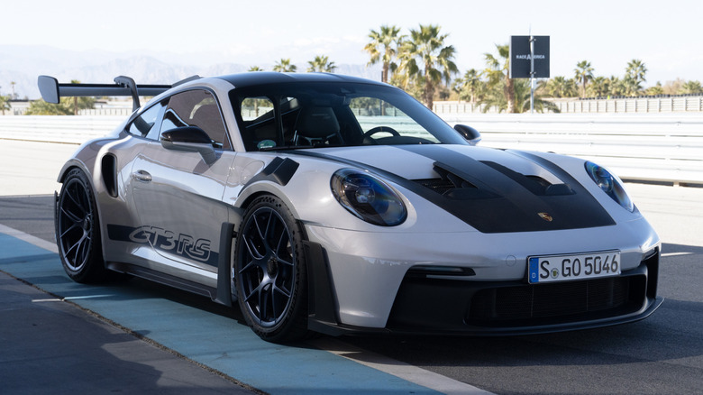 Ice Grey Metallic 992 Porsche 911 GT3 RS parked on track at The Thermal Club