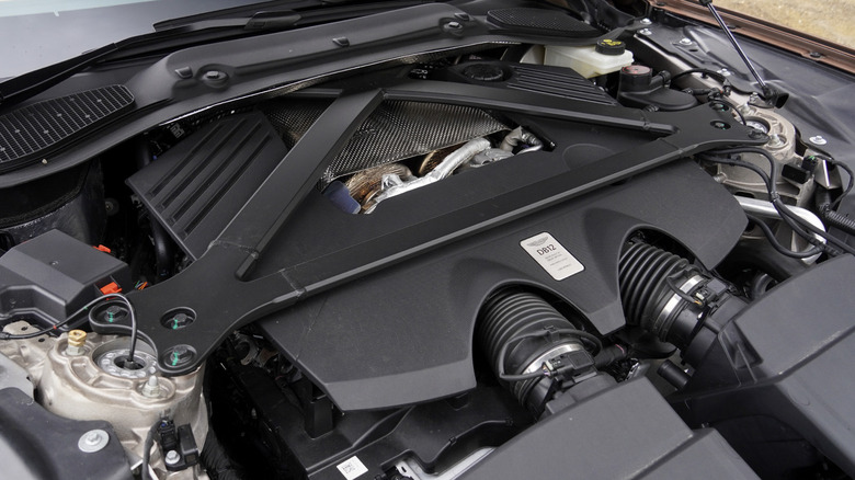 2024 Aston Martin DB12 Volante twin-turbocharged 4.0-liter V8 engine bay