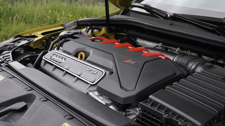 2024 Audi RS3 engine bay with 2.5-liter inline-five