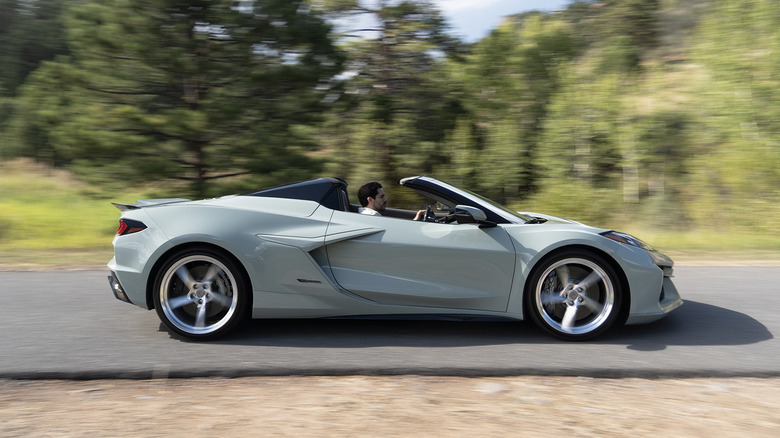 2024 Chevrolet Corvette E-Ray Cacti Green profile with motion blur