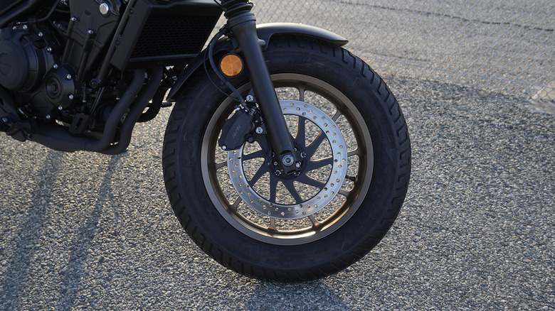 2024 Honda Rebel 500 front wheel, tire, and brake detail