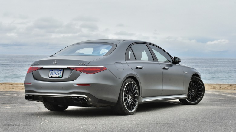 2024 Mercedes-AMG S63 E Performance rear three quarter view.