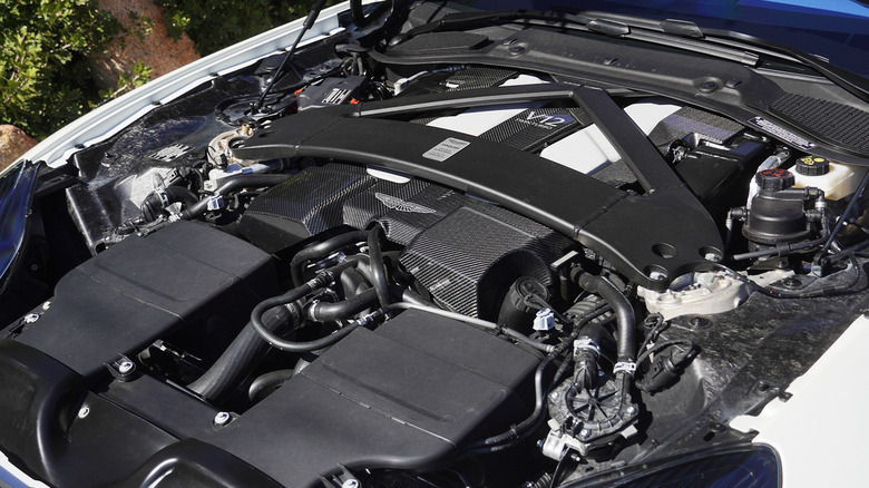 2025 Aston Martin Vanquish engine bay with V12 twin-turbo