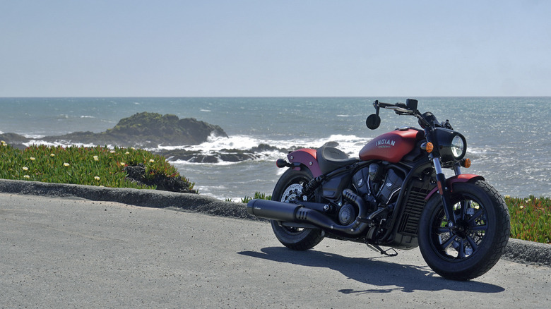 2025 Indian Scout Bobber with the Pacific Ocean as background