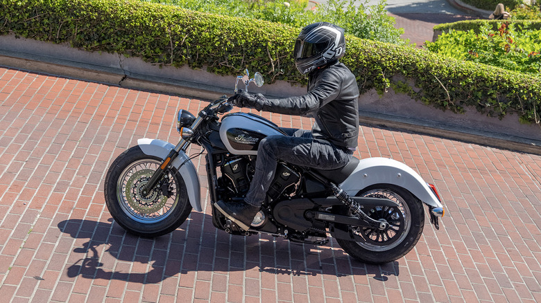 2025 Indian Scout Classic on a tight walkway of San Francisco