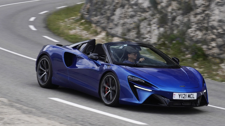2025 McLaren Artura Spider front three quarters driving in Southern France