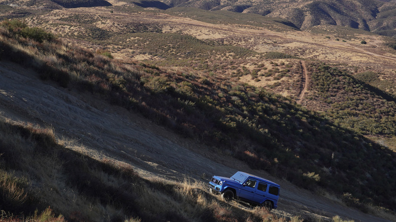 2025 Mercedes-Benz G 580 with EQ Technology going up the hill at Rowher Flats