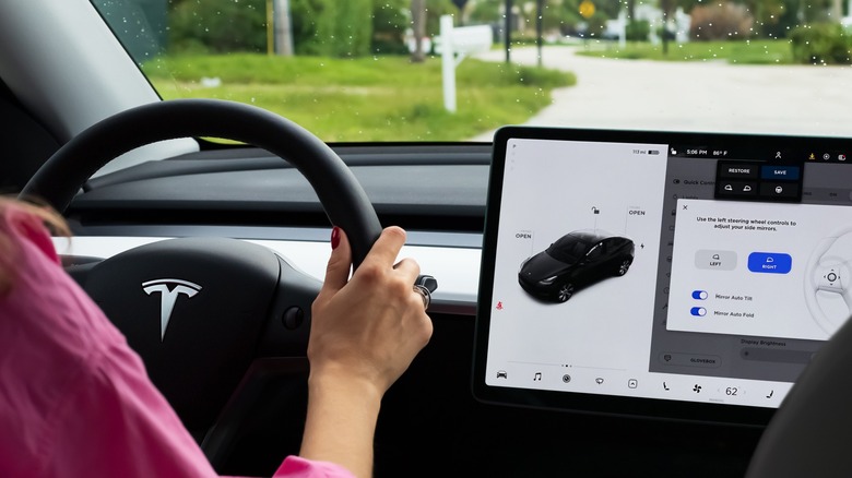 Woman driving Tesla car