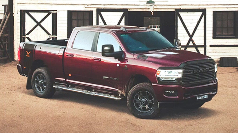 Yellowstone Edition Ram parked in front of Dutton Ranch barn