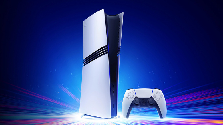 The PlayStation 5 Pro in white on digital background