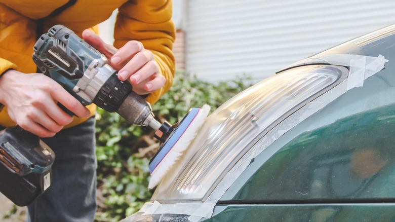 Polishing headlight lens with drill