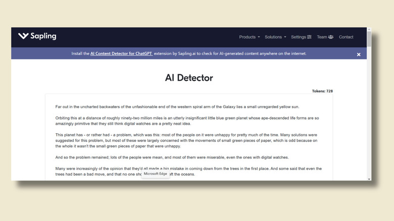 Screenshot of Sapling AI Detector page showing a large text box containing text from the Hitchhiker's Guide to the Galaxy