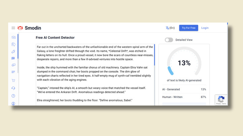 Screenshot of Smodin AI Detection results showing AI generated fiction and a score of 13%