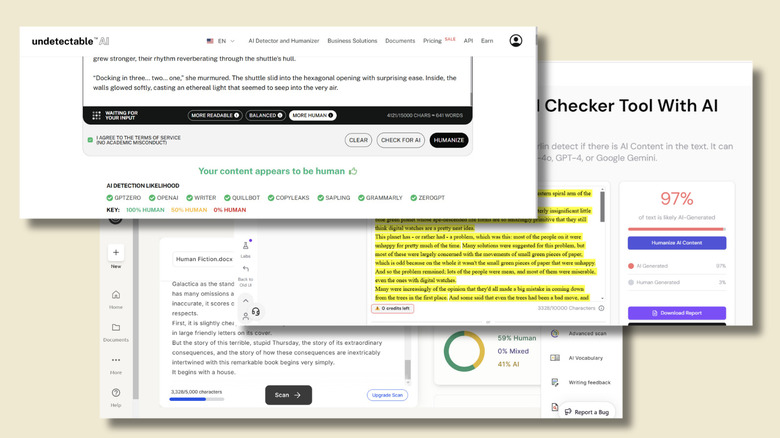 Image showing overlsapping screenshots of Undetectable AI, GPT Zero, and Merlin AI detector web pages