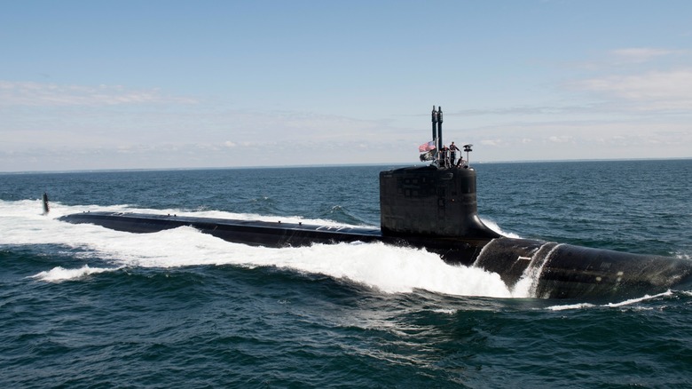 A Virginia-class submarine sailing on ocean's surface