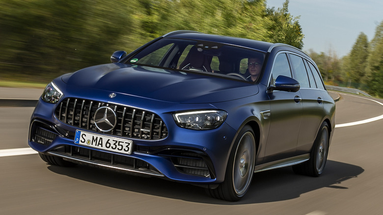 Mercedes-AMG E63 S Wagon driving, front 3/4 view