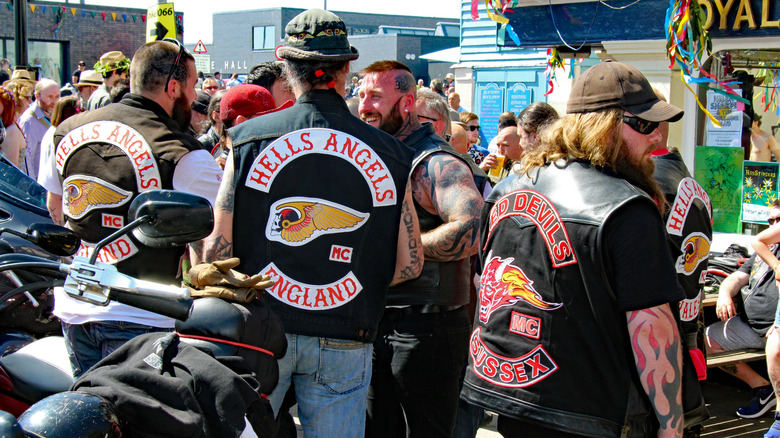 Hells Angels and the Red Devils at the Royal Standard pub in Hastings, East Sussex UK during the annual May Day bike run in 2018.